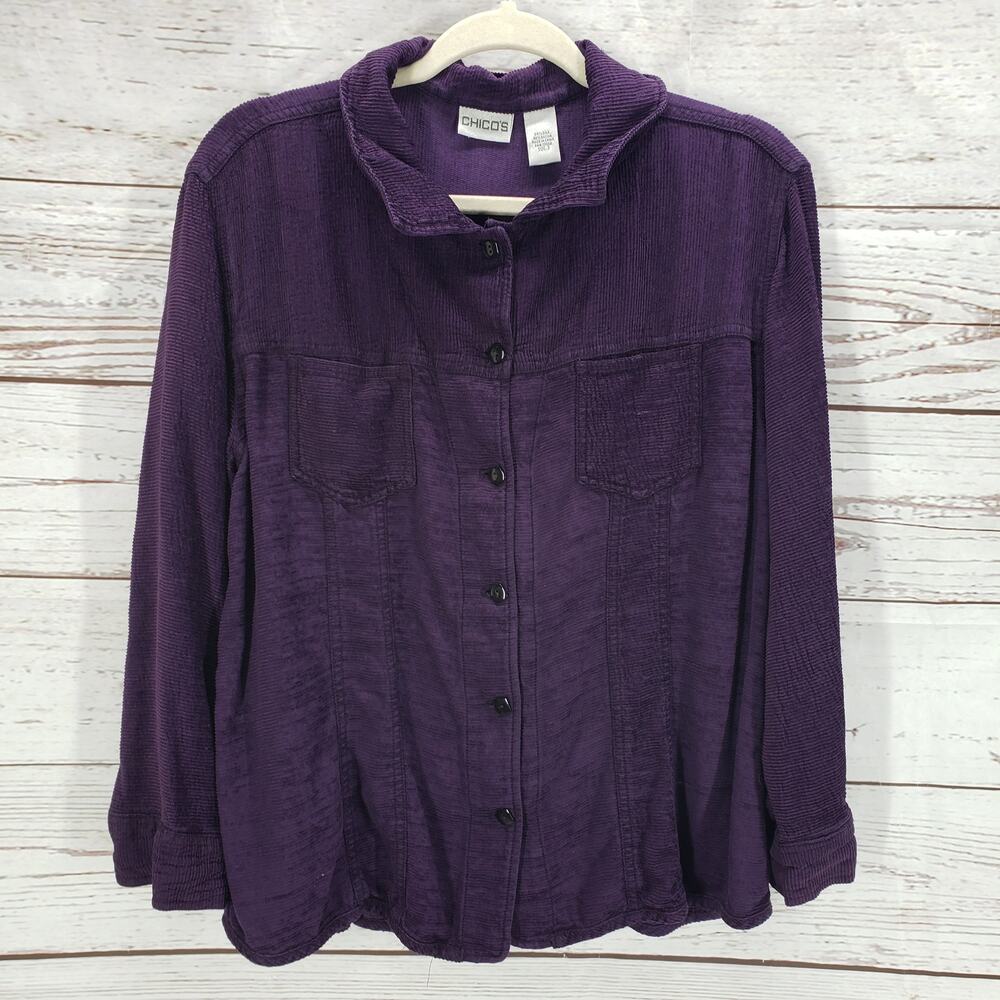 Chico's Women's Purple Eggplant Silk Blend Top Light Jacket Size 3